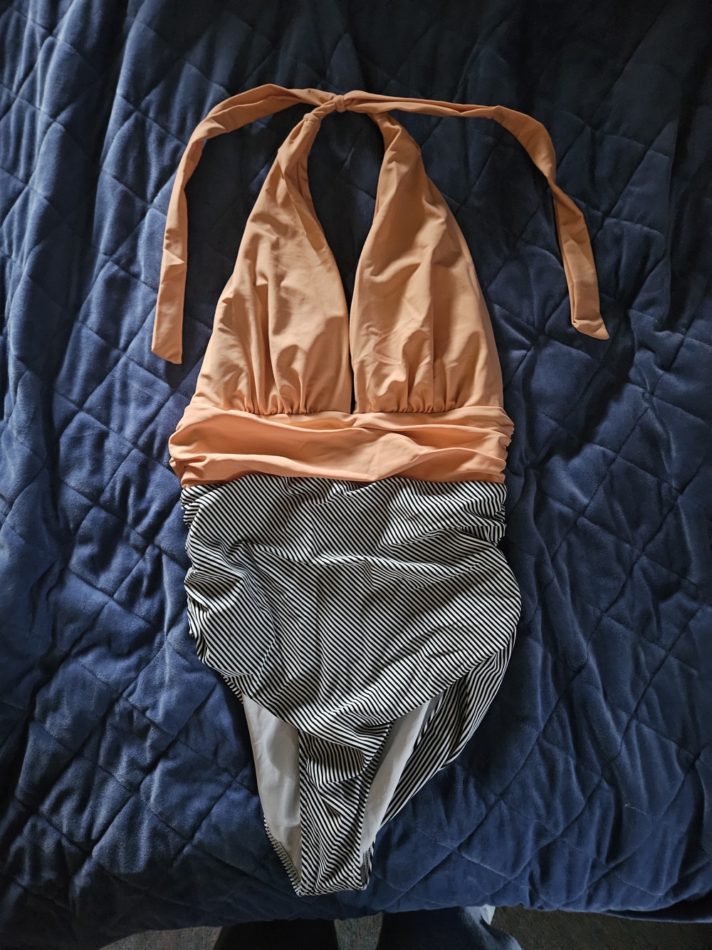 Peach Halter One-Piece Swimsuit with Black & White Striped Skirted Bottom
